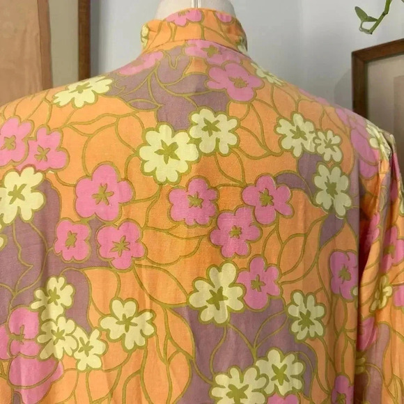Vintage 1970s Mandarin Floral Tunic Dress Bold Orange Retro Print hippy flower - Picture 6 of 7